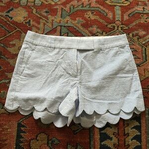 Blue & white seersucker cotton scalloped J Crew shorts